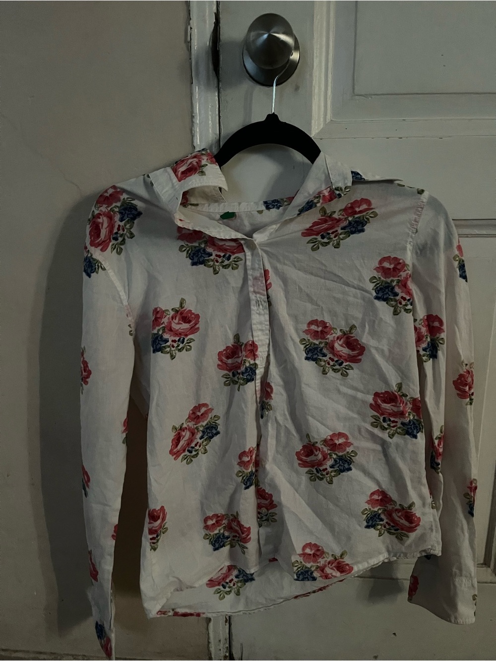 White Button-Down Shirt with Pink Rose Print